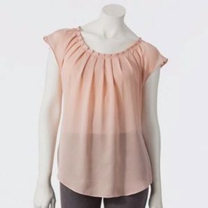 NY COLLECTION Top Blouse Crinkled Pleated Ruffle Salmon Pink Medium